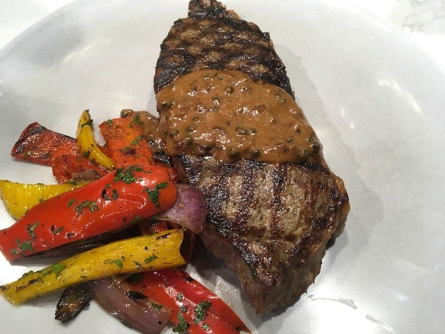Pan-Seared New York Strip Steaks with Green Peppercorn Sauce